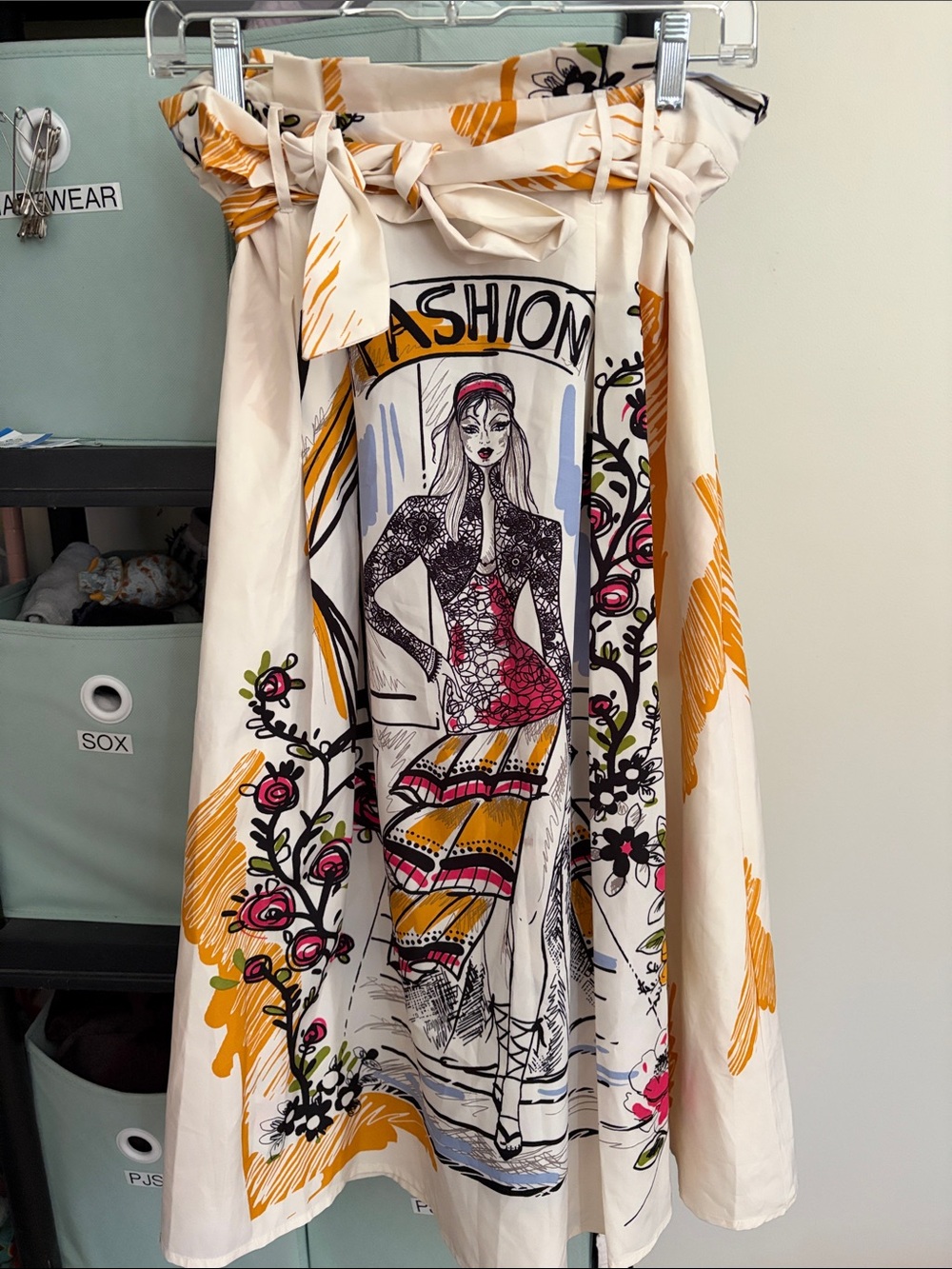 Cream Floral Illustration A-Line Midi Skirt